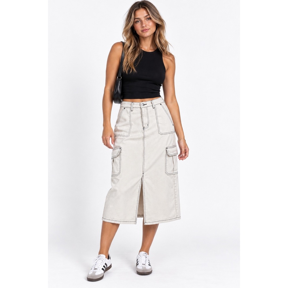Miou Muse Cargo Midi Skirt Large Cream Contrast Stitch Utility Streetwear S2678